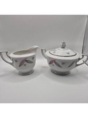 Serenade By Narumi Japan Creamer Sugar Set - Vintage White Pink Gray Silver Trim